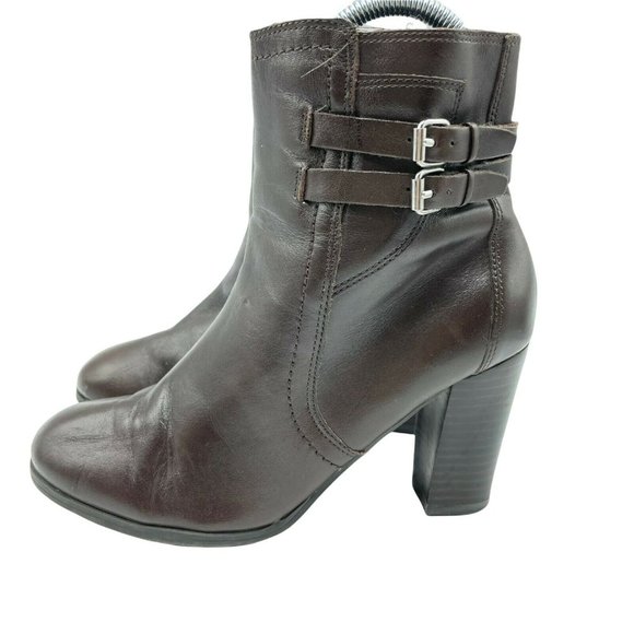 Marc Fisher Leather Ankle Bootie Shoe Brown 6.5 Block Heel Women Buckle Boot - Picture 4 of 8